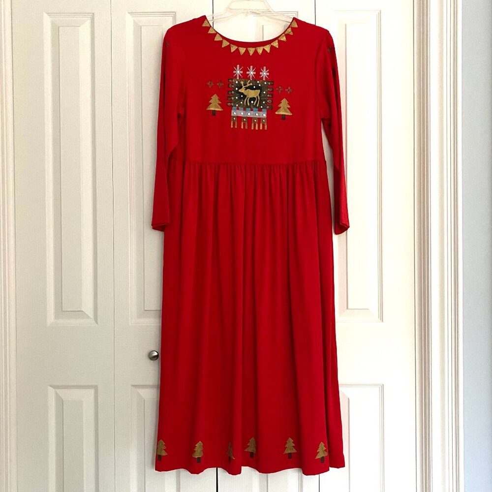 Vintage Myo Pinon Dress Pullover Hand Painted Christmas Tree Deer Red Size M USA